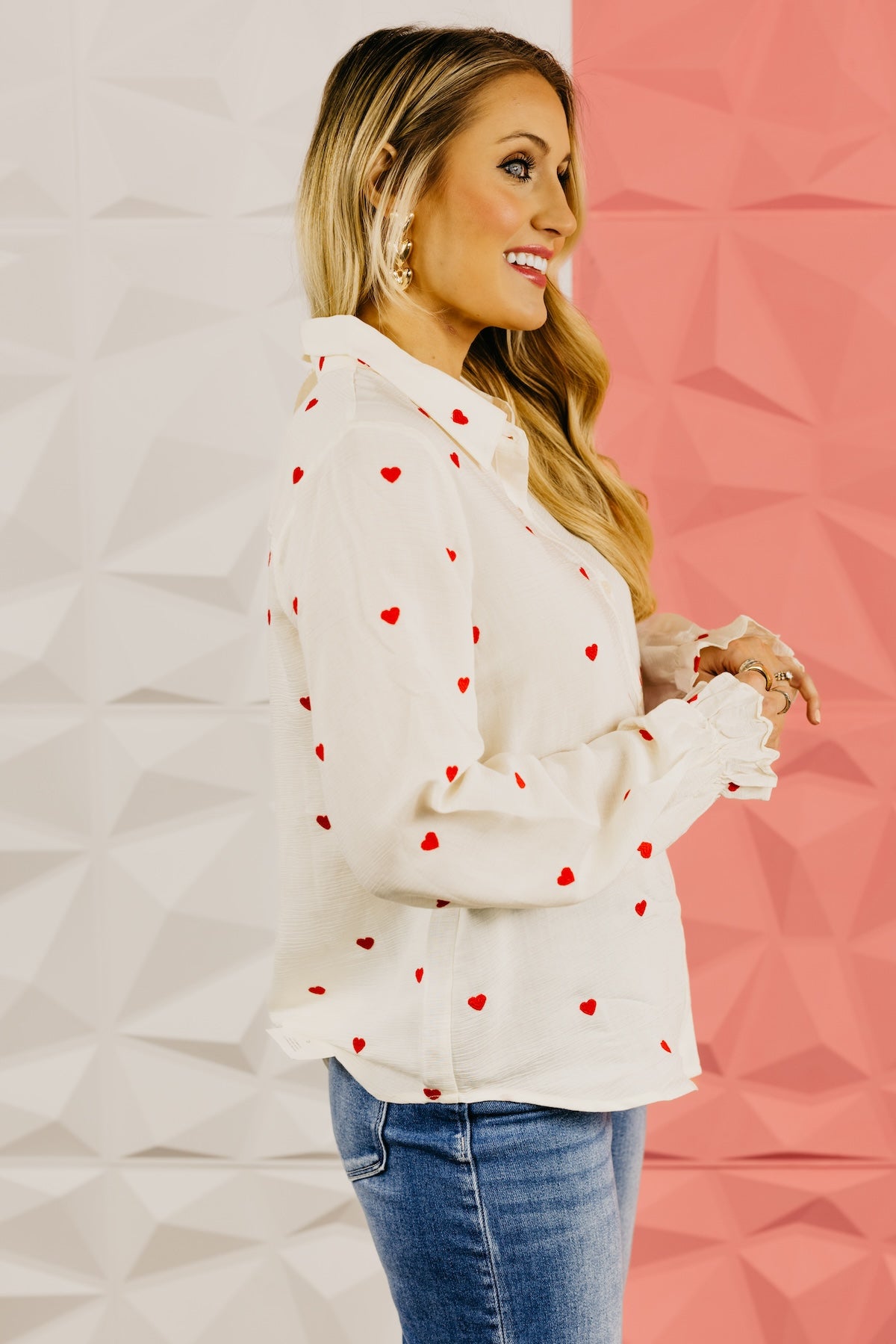 The Meredith Embroidered Heart Button Down Top