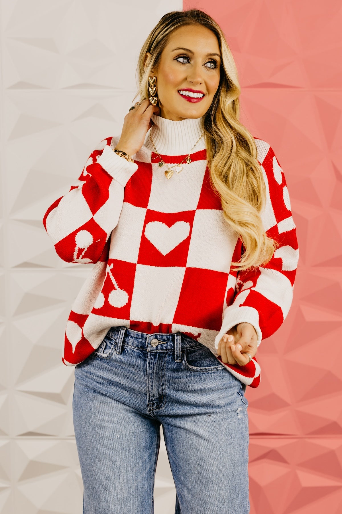 The Maisie Checkered Heart and Cherry Sweater