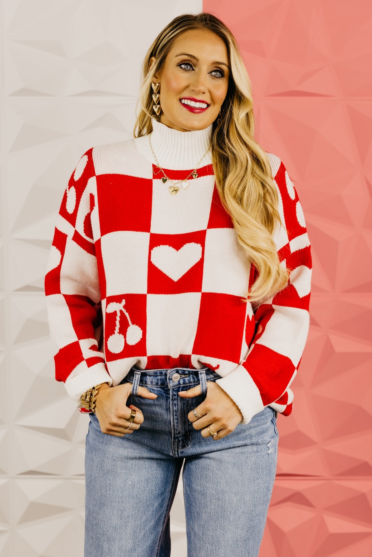 The Maisie Checkered Heart and Cherry Sweater