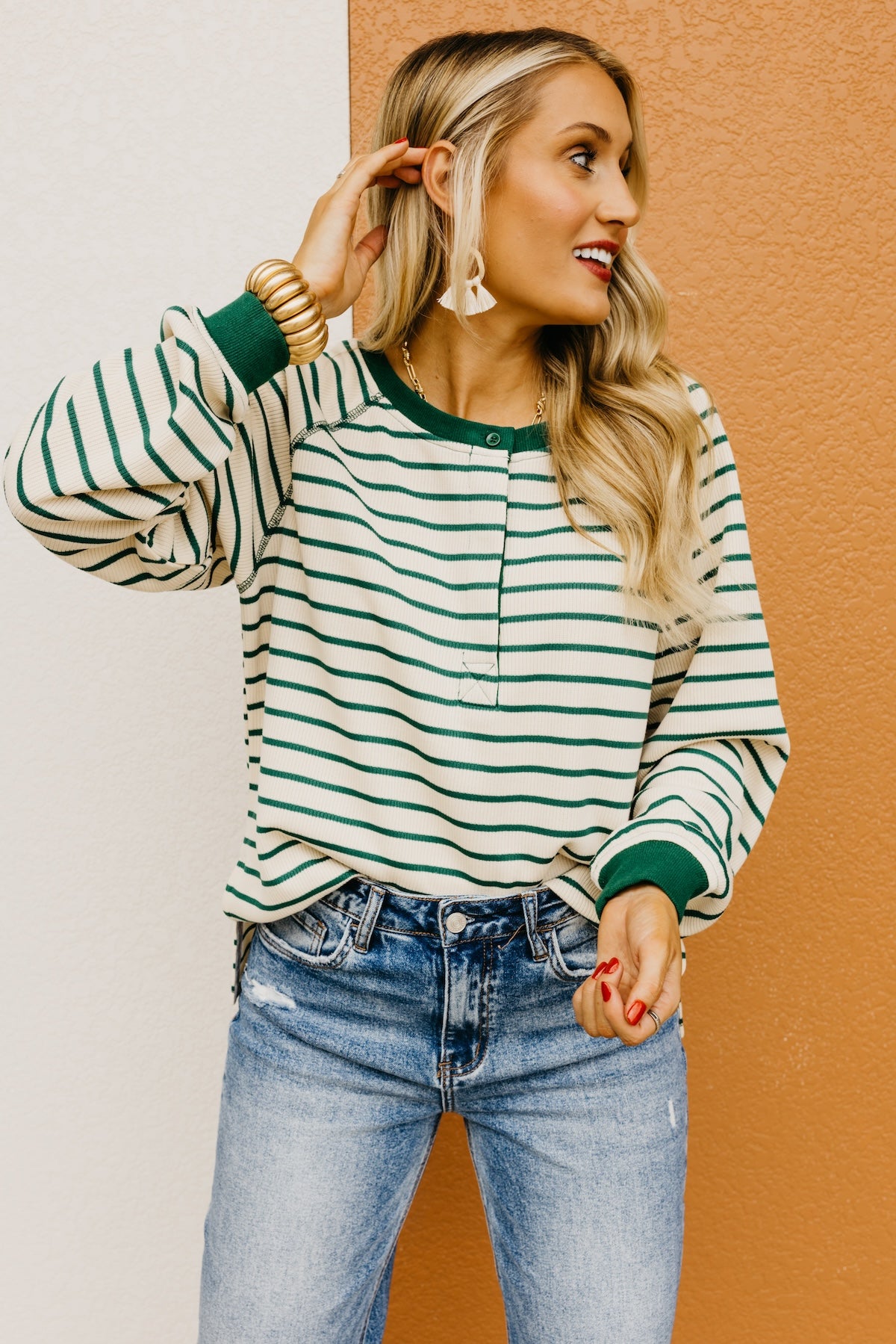 The Leandro Striped Raglan Henley Knit Top