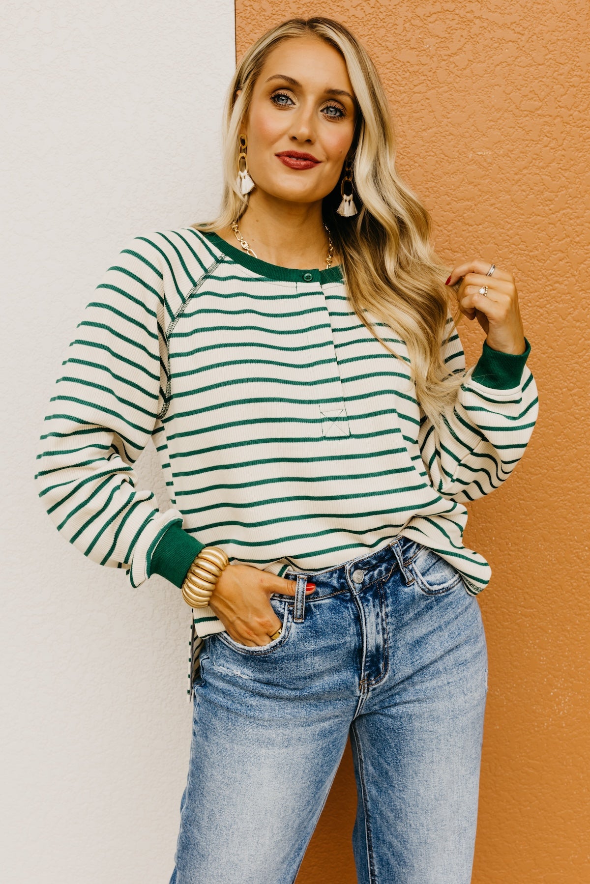 The Leandro Striped Raglan Henley Knit Top