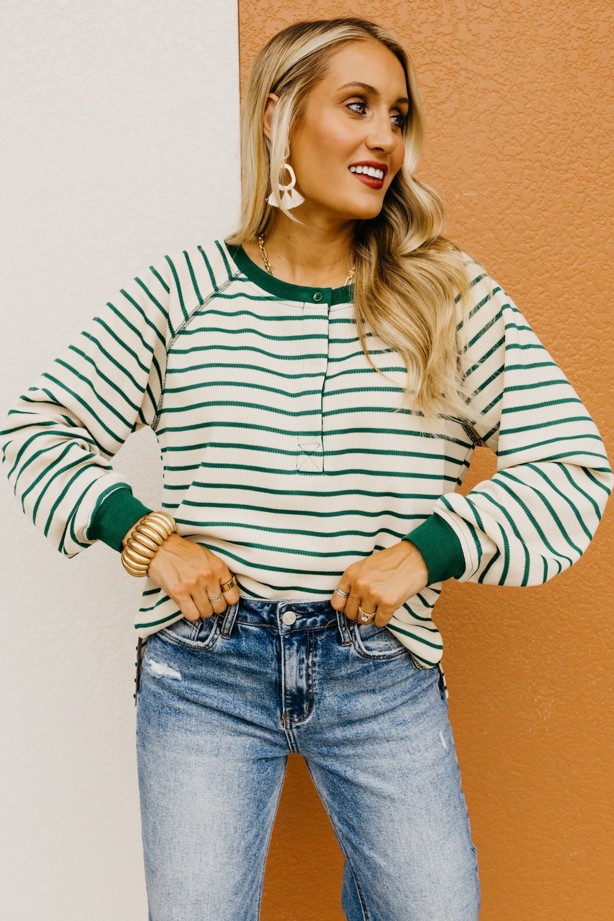 The Leandro Striped Raglan Henley Knit Top