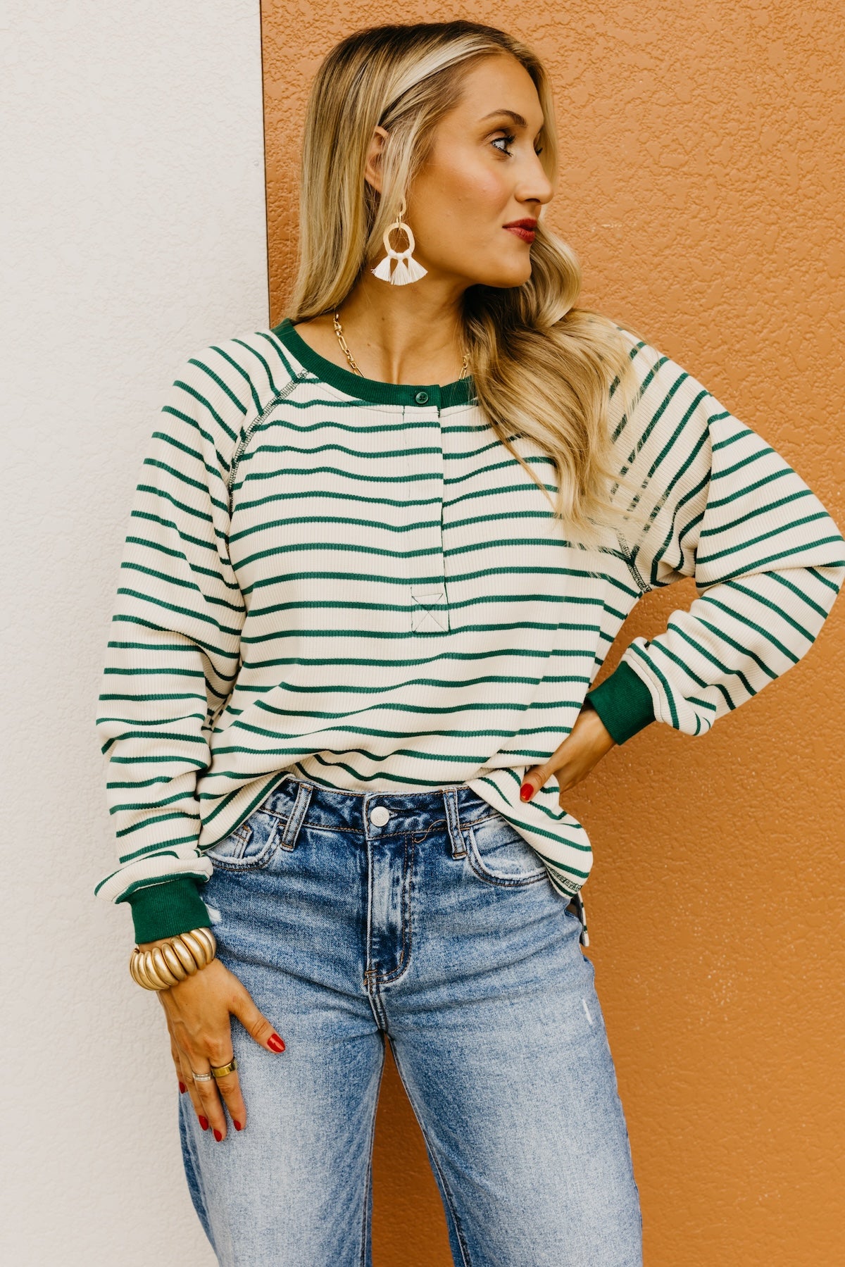 The Leandro Striped Raglan Henley Knit Top