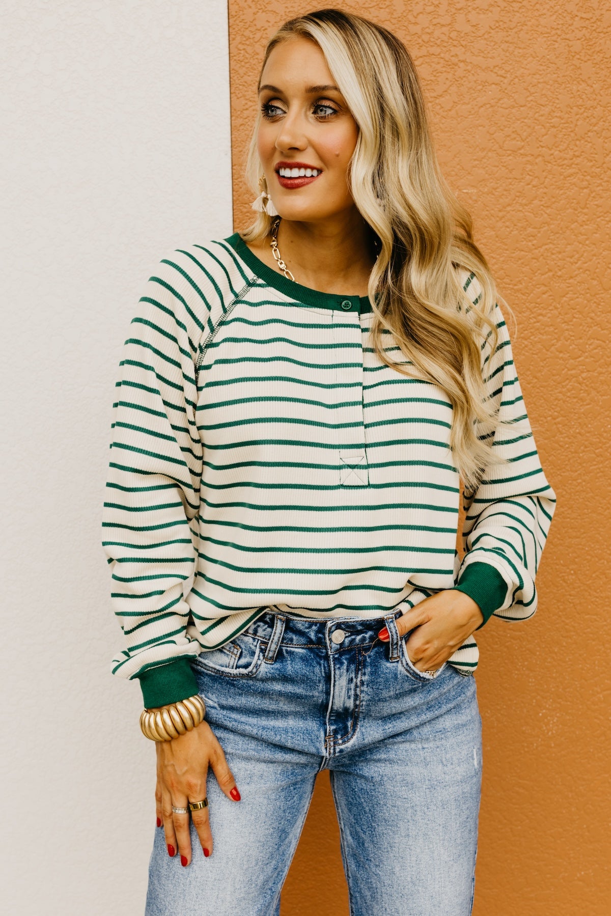 The Leandro Striped Raglan Henley Knit Top