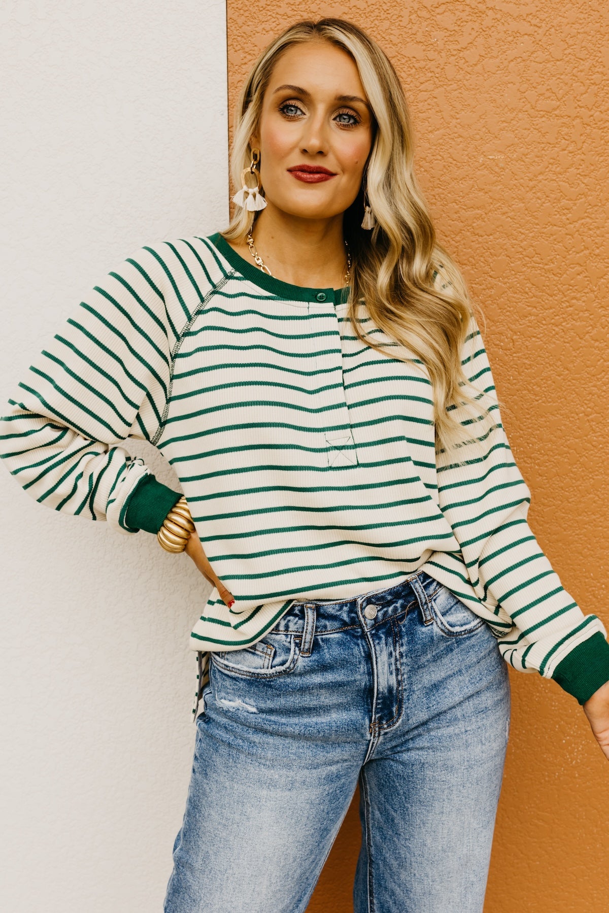 The Leandro Striped Raglan Henley Knit Top