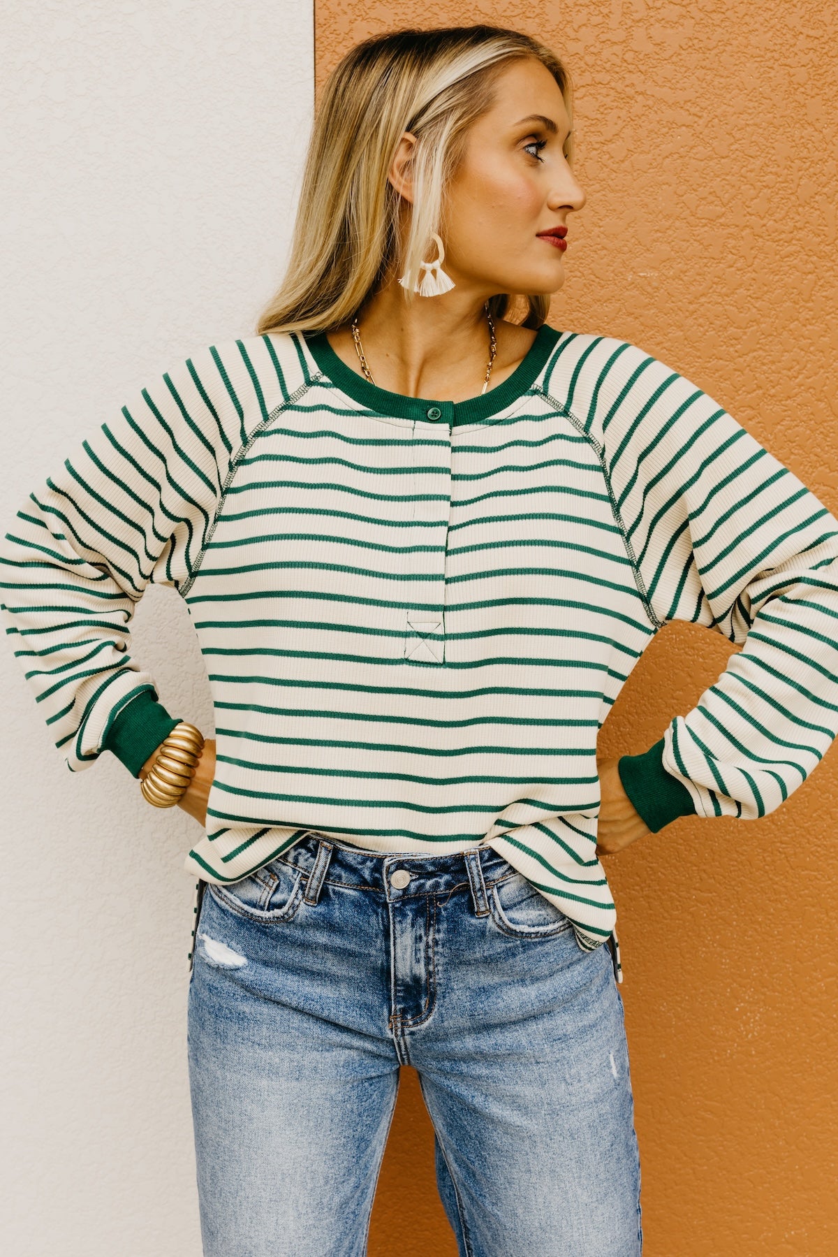 The Leandro Striped Raglan Henley Knit Top