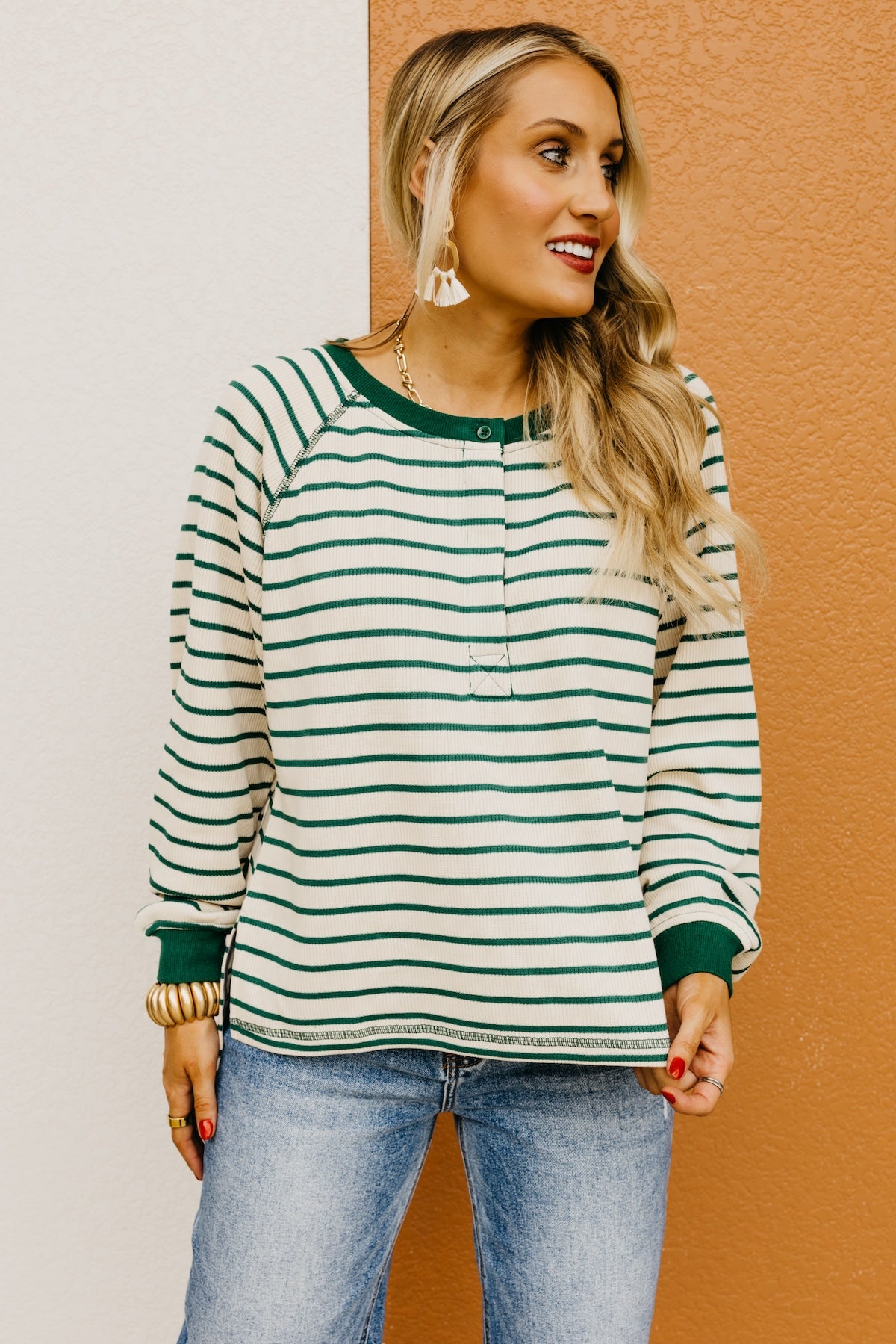 The Leandro Striped Raglan Henley Knit Top