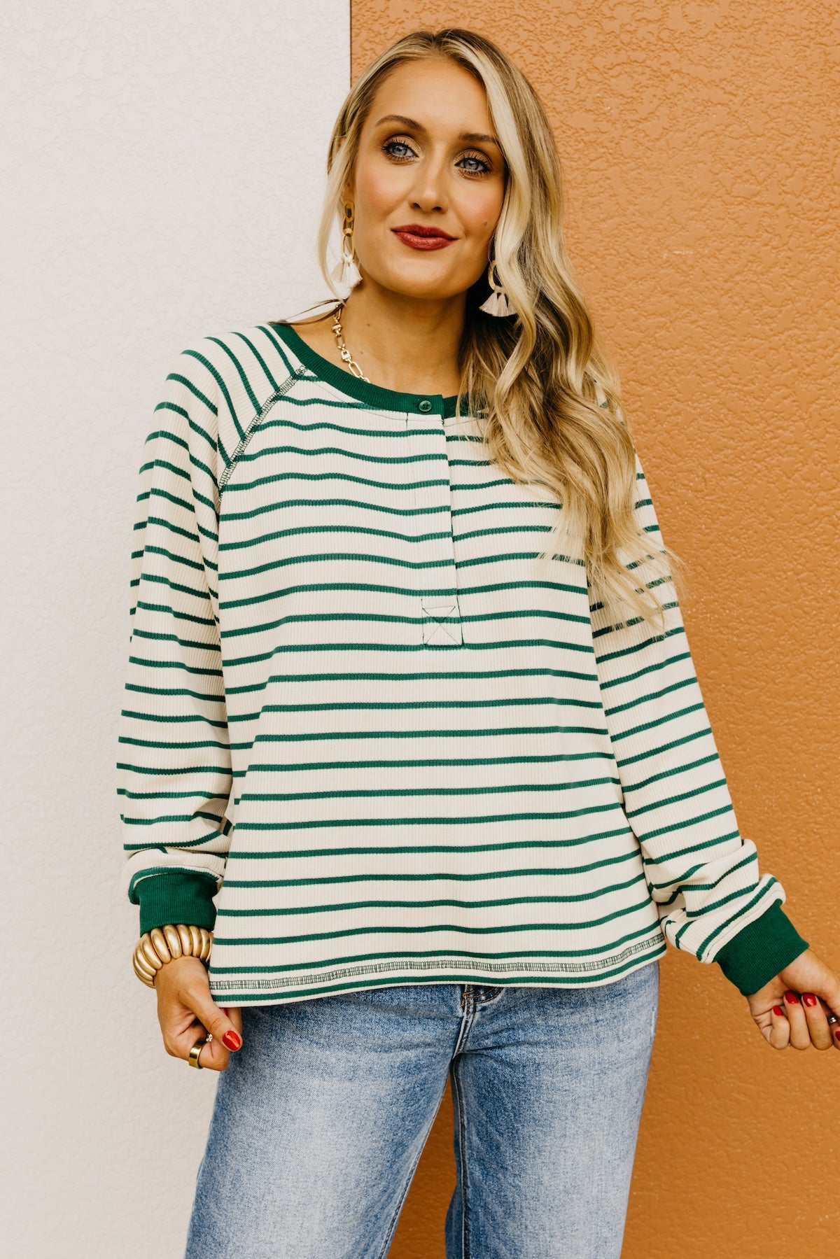 The Leandro Striped Raglan Henley Knit Top