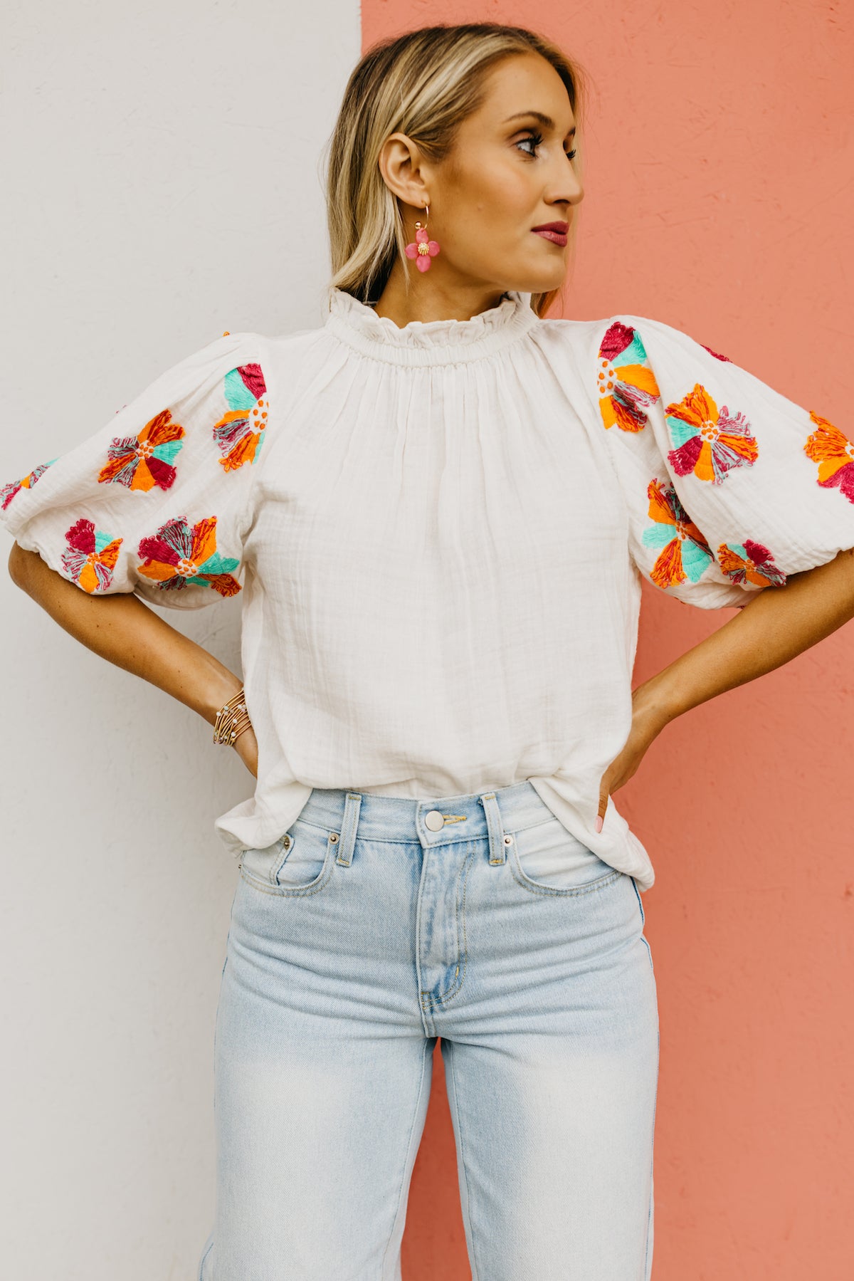 The Laurel Embroidered Puff Sleeve Button Back Top