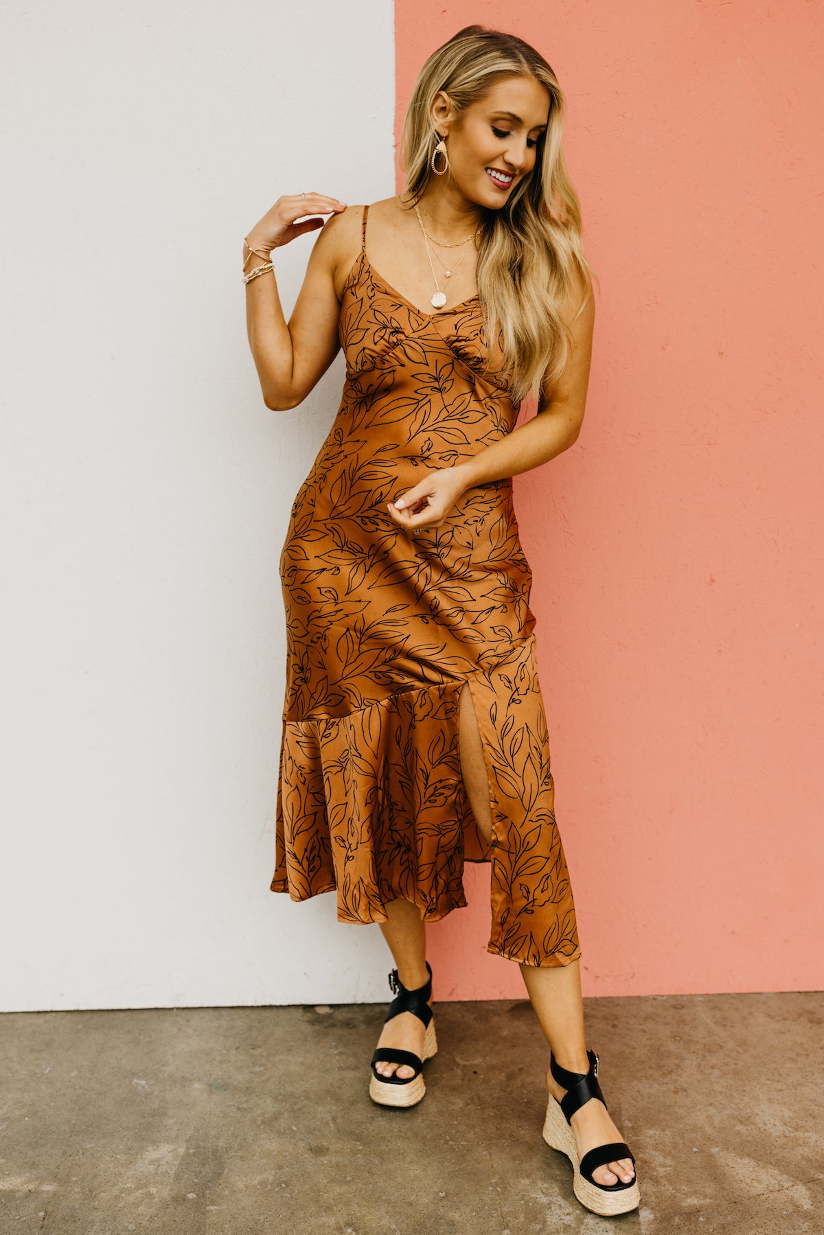 The Charley Leaf Print Back Tie Cami Midi Dress