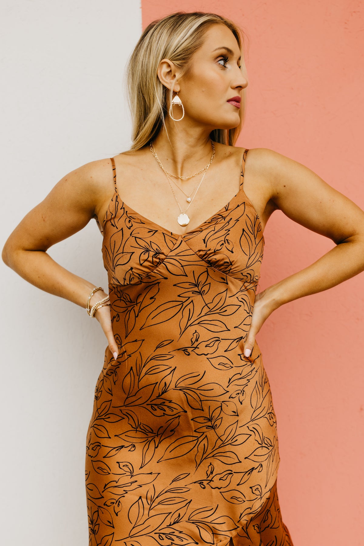 The Charley Leaf Print Back Tie Cami Midi Dress