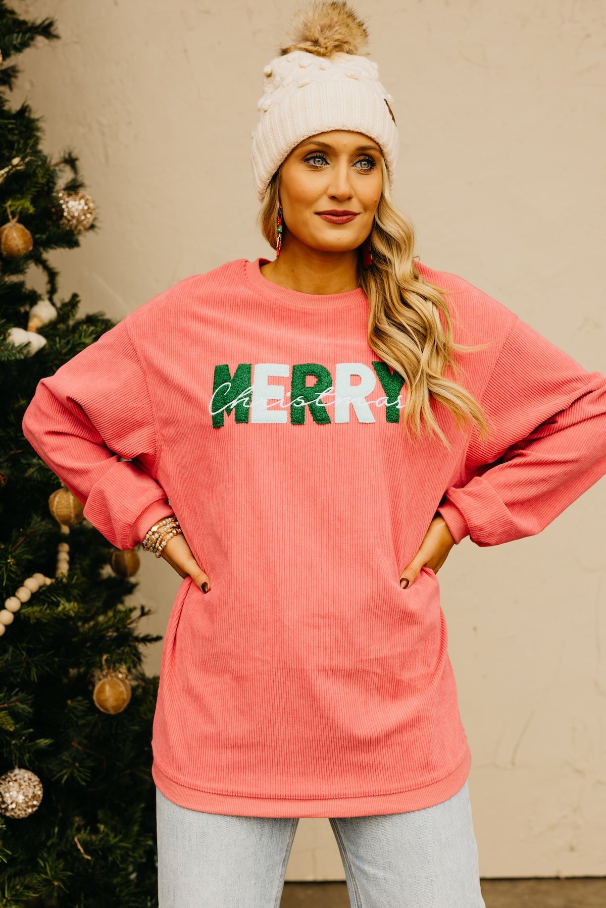 Store Merry Christmas Embroidered Corded Pullover, Christmas Themed Ribbed Sweatshirt, Holiday Sweatshirt, Customizable Colors