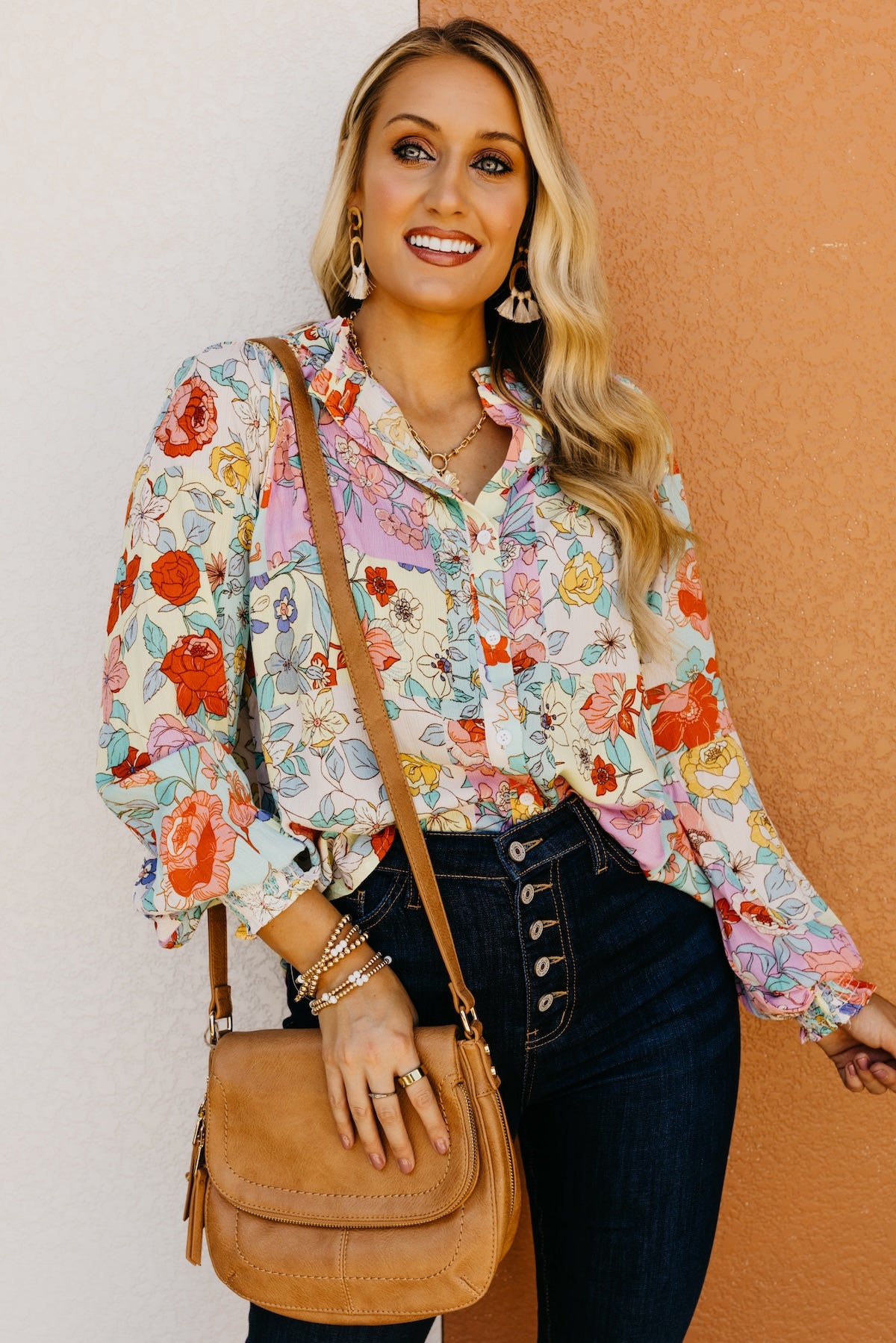 The Trinity Button Down Patchwork Floral Blouse