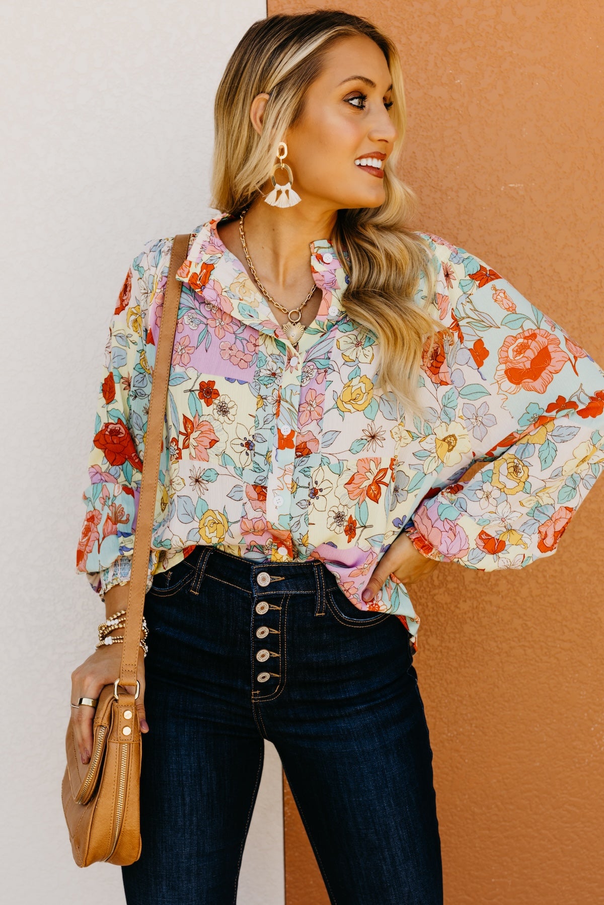 The Trinity Button Down Patchwork Floral Blouse