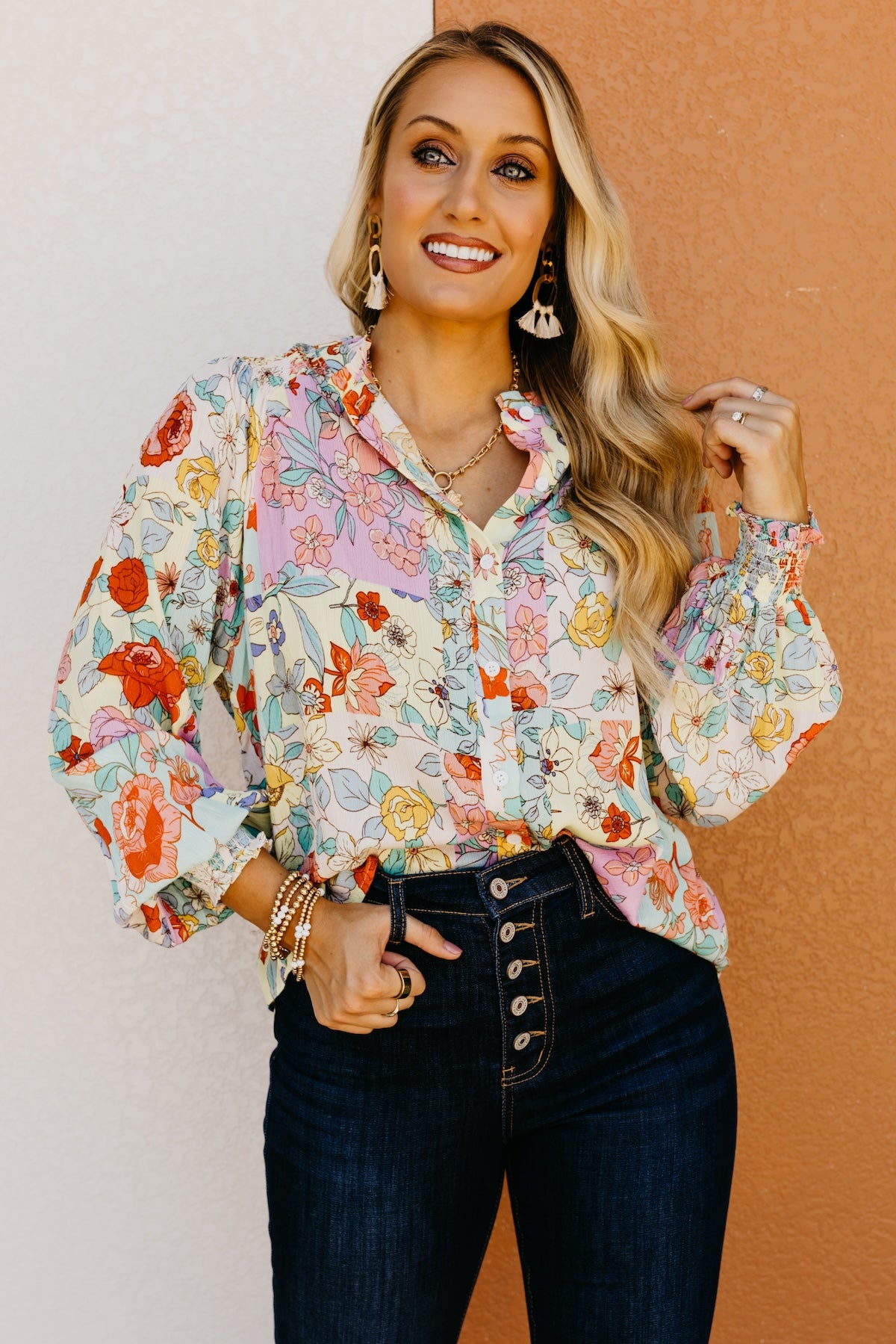 The Trinity Button Down Patchwork Floral Blouse