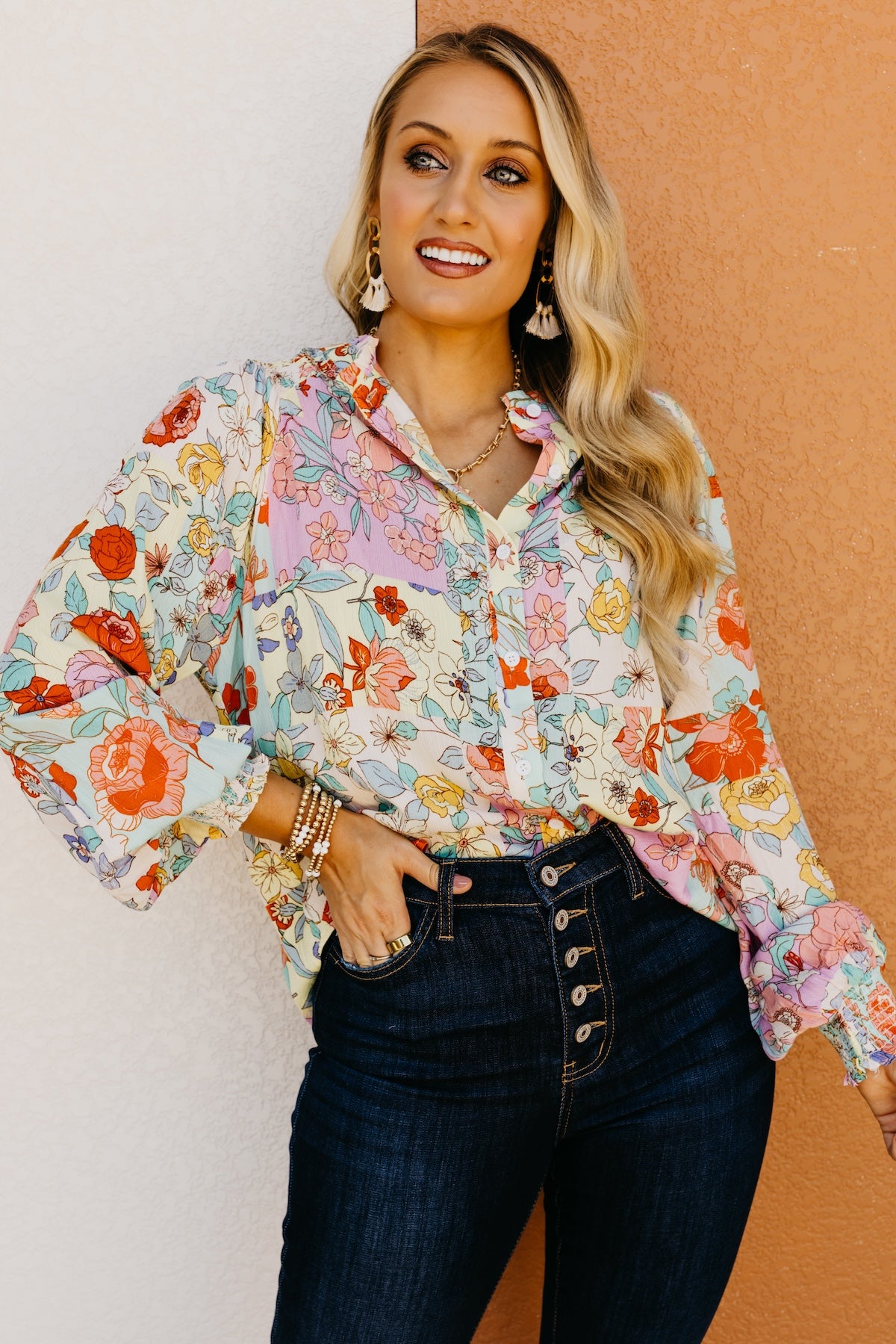 The Trinity Button Down Patchwork Floral Blouse