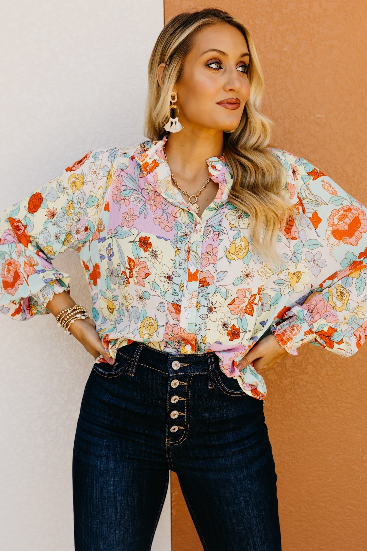 The Trinity Button Down Patchwork Floral Blouse