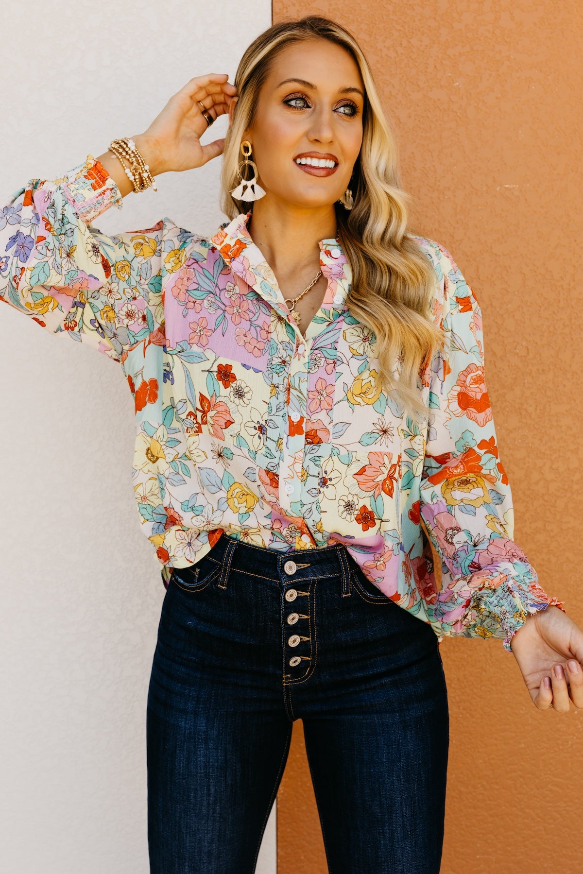 The Trinity Button Down Patchwork Floral Blouse