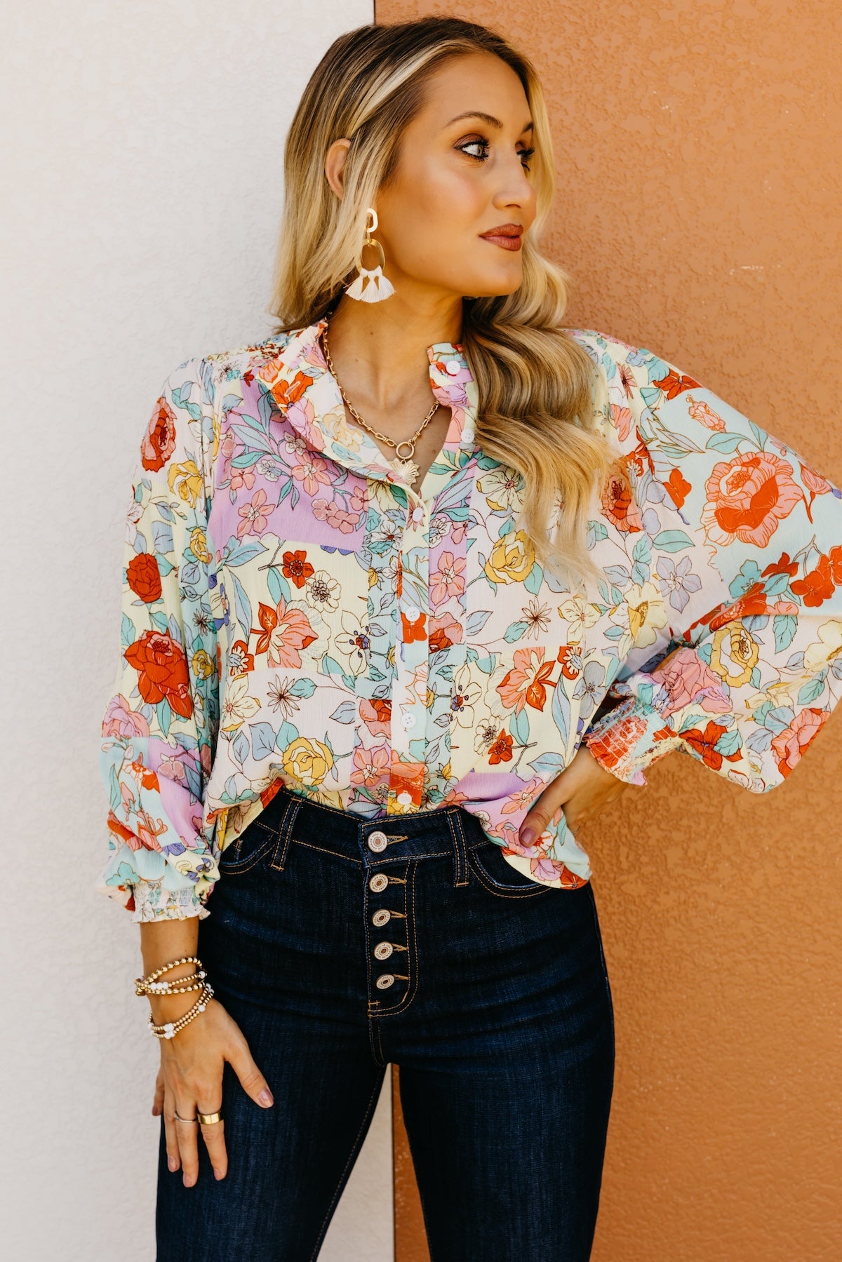 The Trinity Button Down Patchwork Floral Blouse