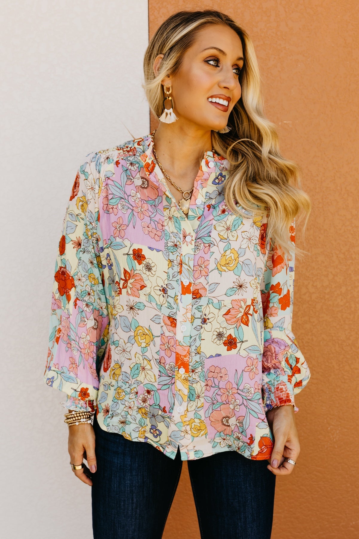 The Trinity Button Down Patchwork Floral Blouse