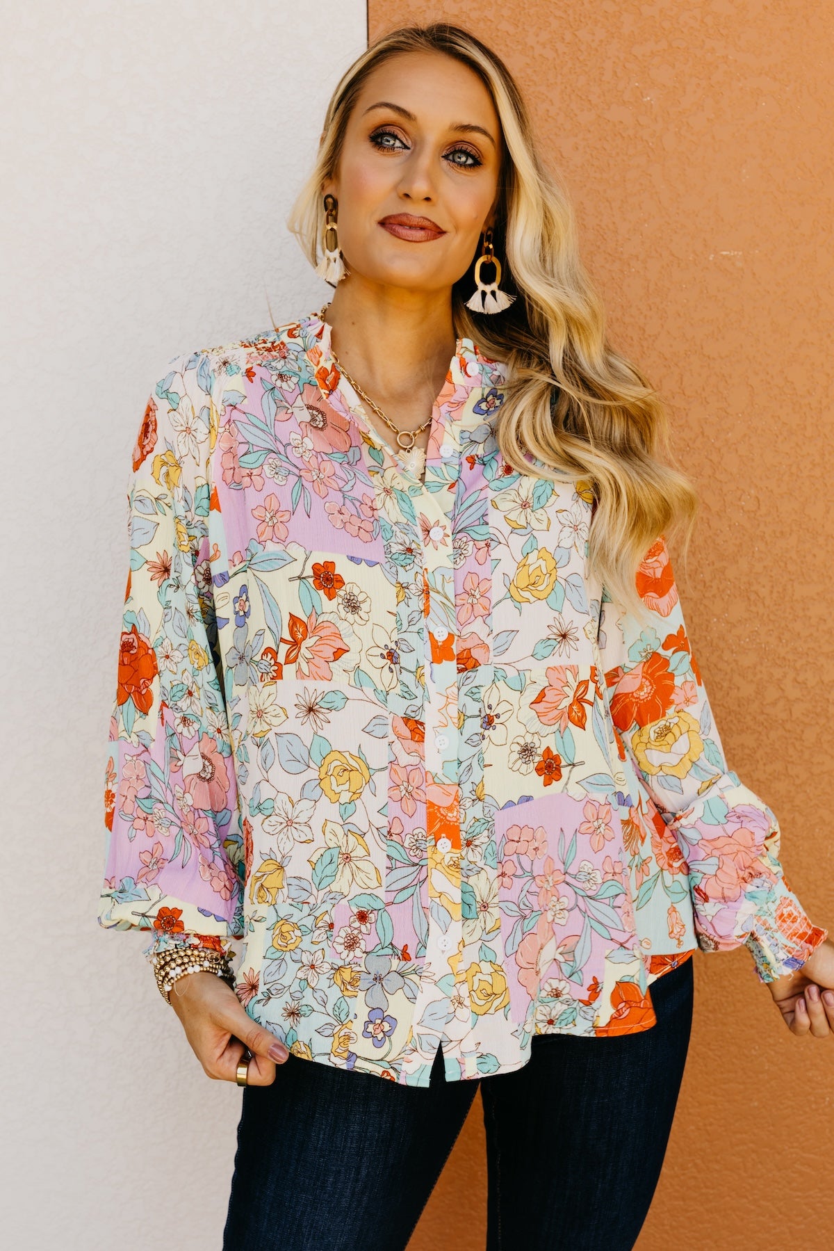 The Trinity Button Down Patchwork Floral Blouse