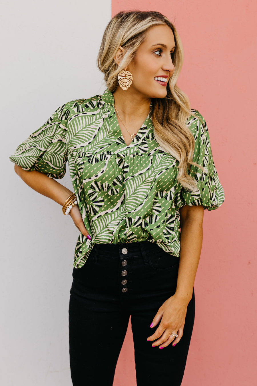 The Marley Puff Sleeve Leaf Print Top