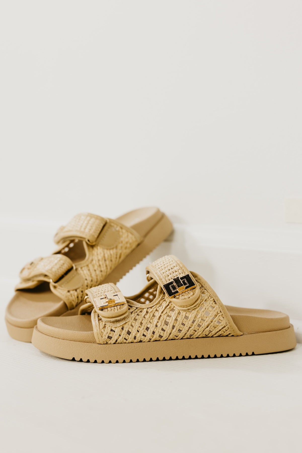 The Lyon Raffia Double Strap Slide