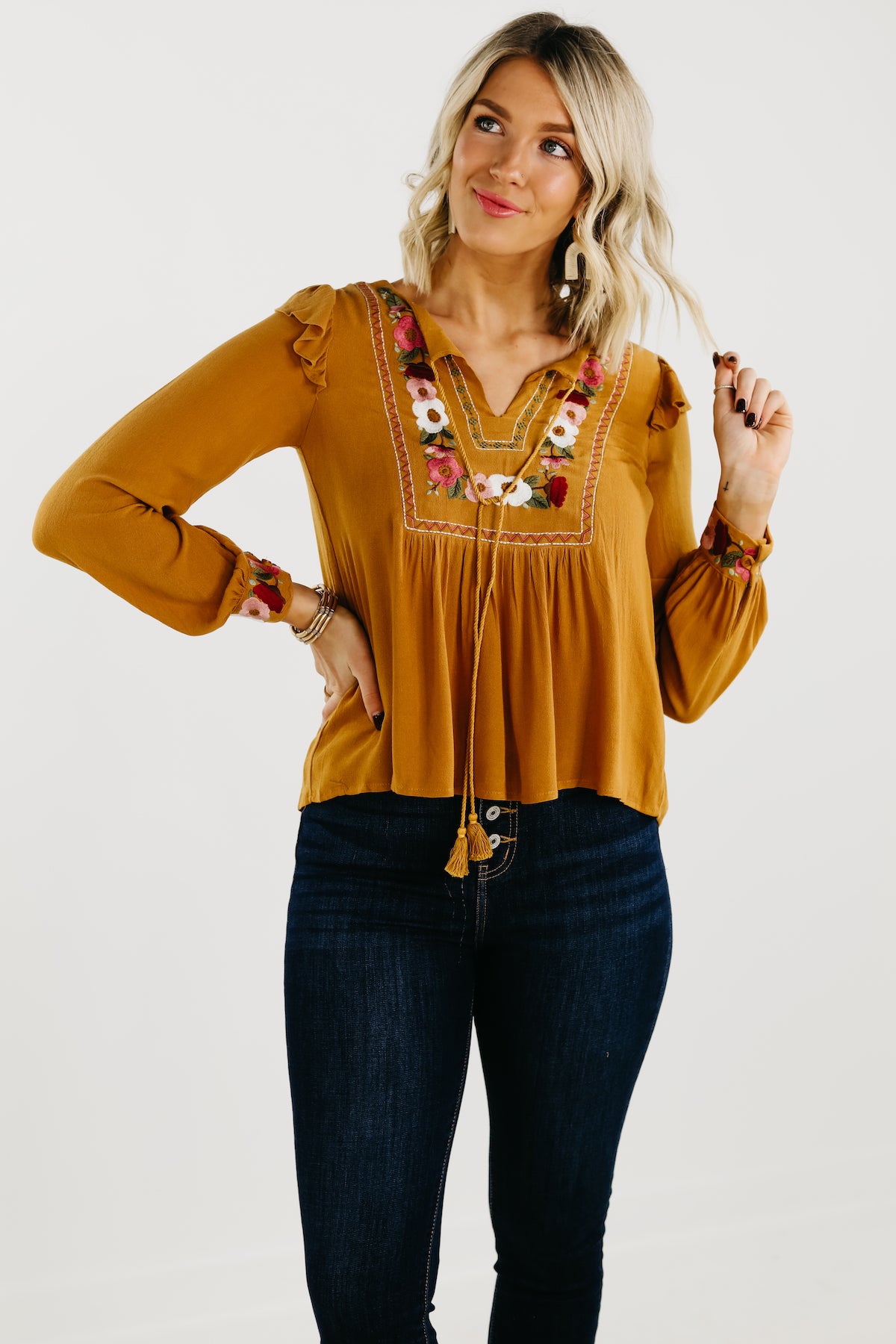 The Rebecca Embroidered Top - Mustard