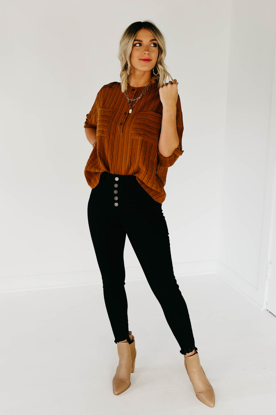 The Joella Striped Button Down Top - Brown