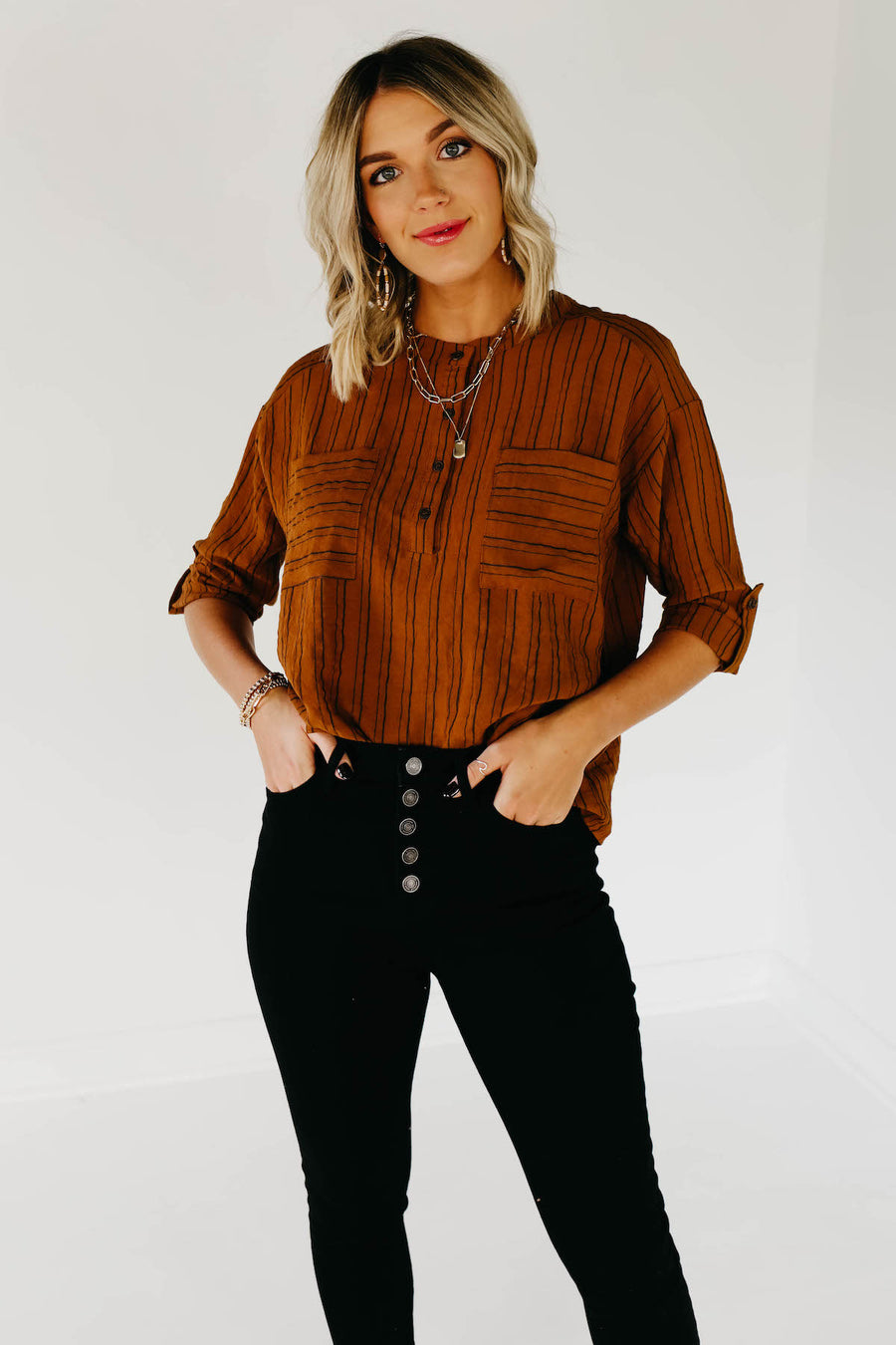 The Joella Striped Button Down Top - Brown