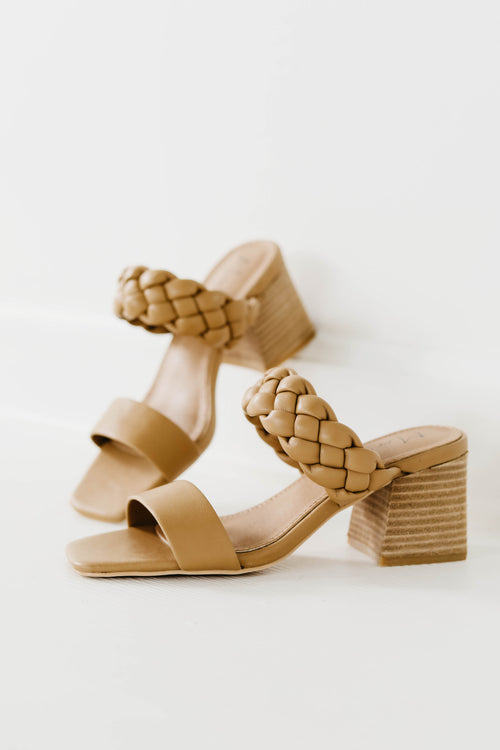 Tan Plaited Double Strap Block Heel Mule Sandals