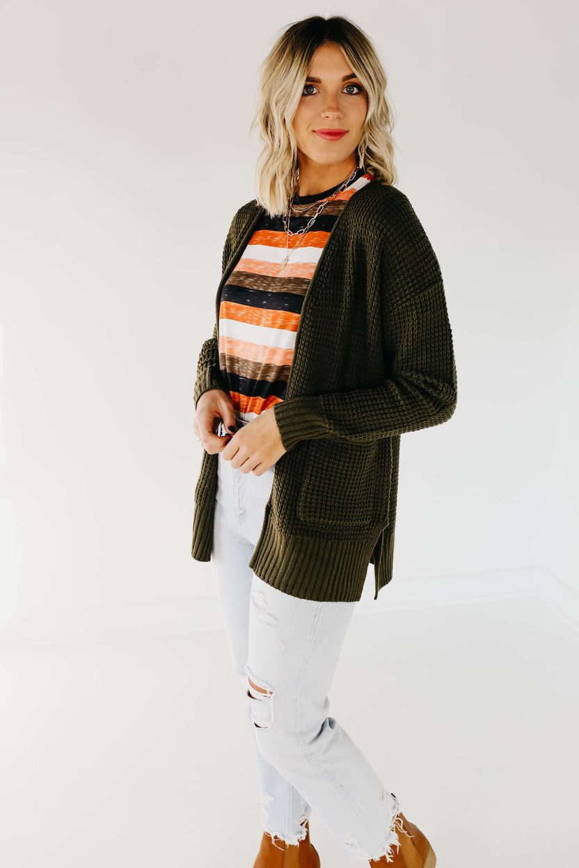 The Adele Waffle Cardigan - Dusty Olive | MOD Boutique