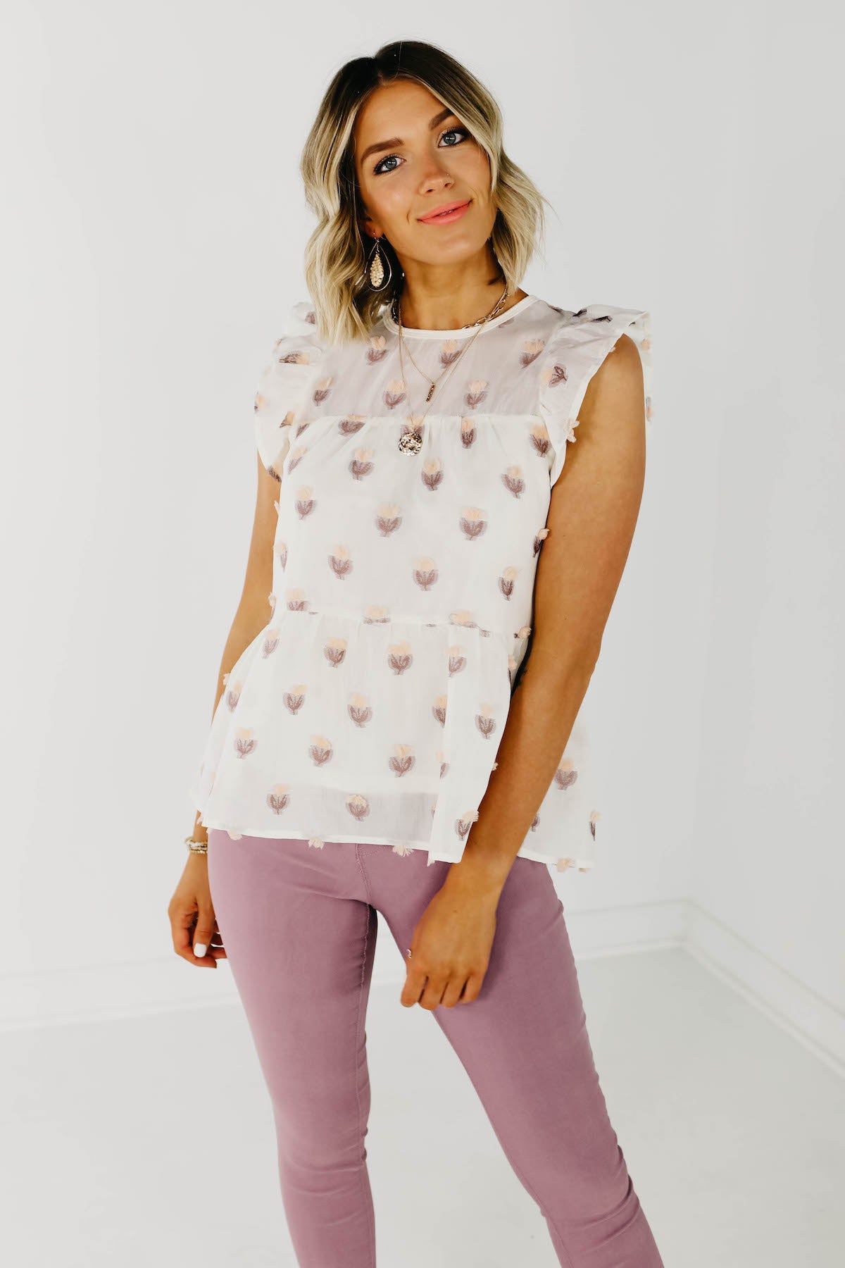 The Durant Flutter Sleeve Tiered Blouse