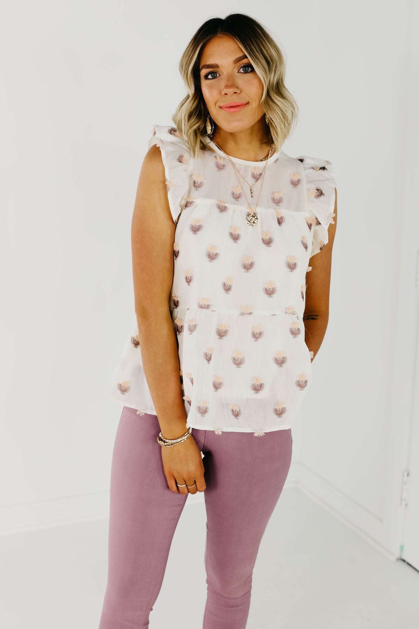 The Durant Flutter Sleeve Tiered Blouse