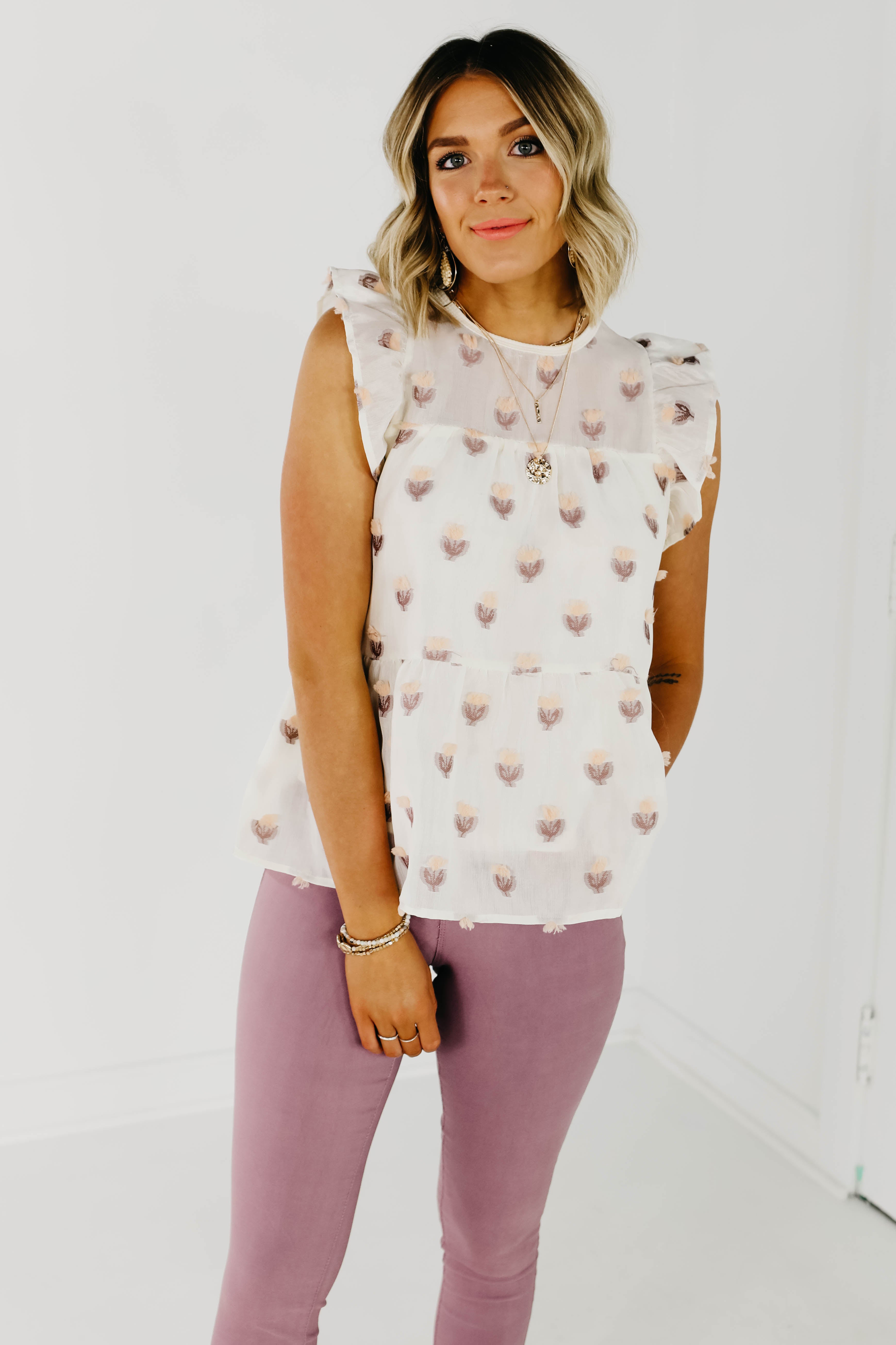 The Durant Flutter Sleeve Tiered Blouse