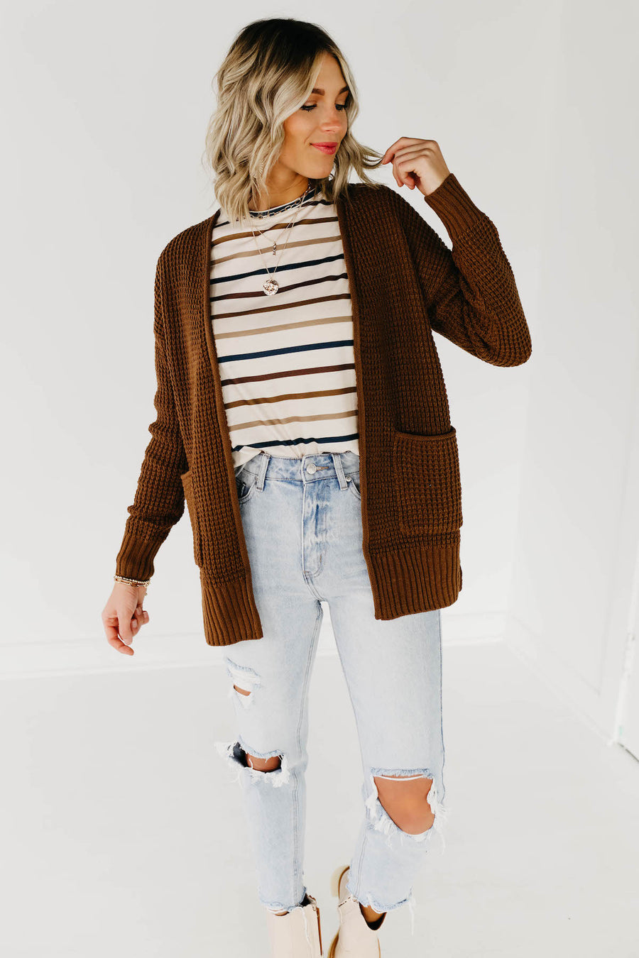 The Adele Waffle Cardigan - Deep Camel