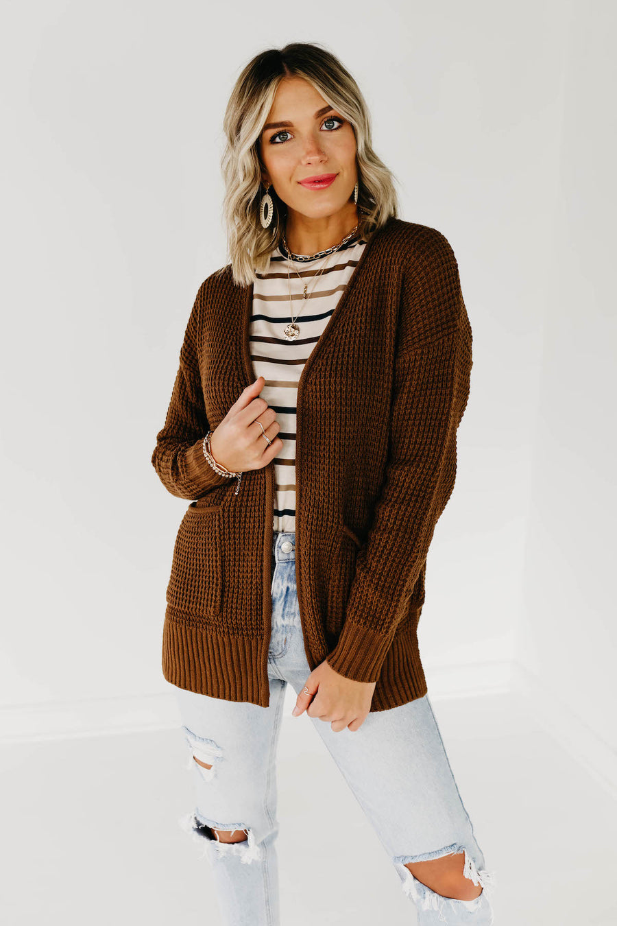 The Adele Waffle Cardigan - Deep Camel